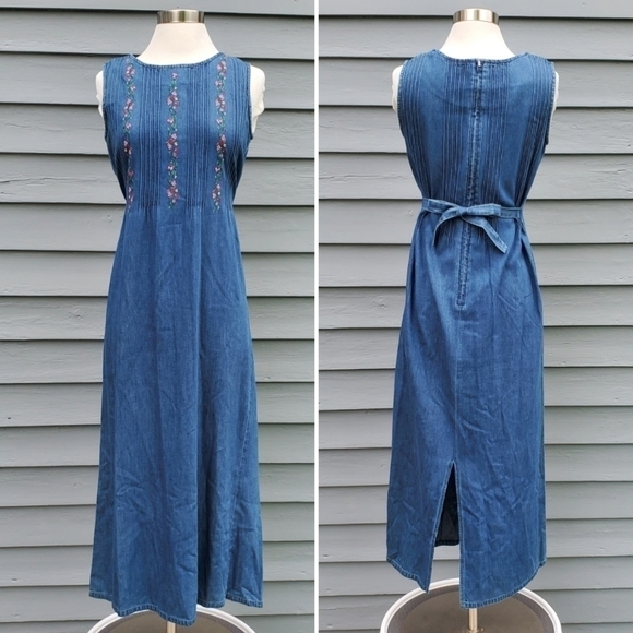 Vintage Dresses & Skirts - Vintage 90s y2k Floral Embroidered Denim Baptist Homeschool Mom‎ Jumper Dress 6